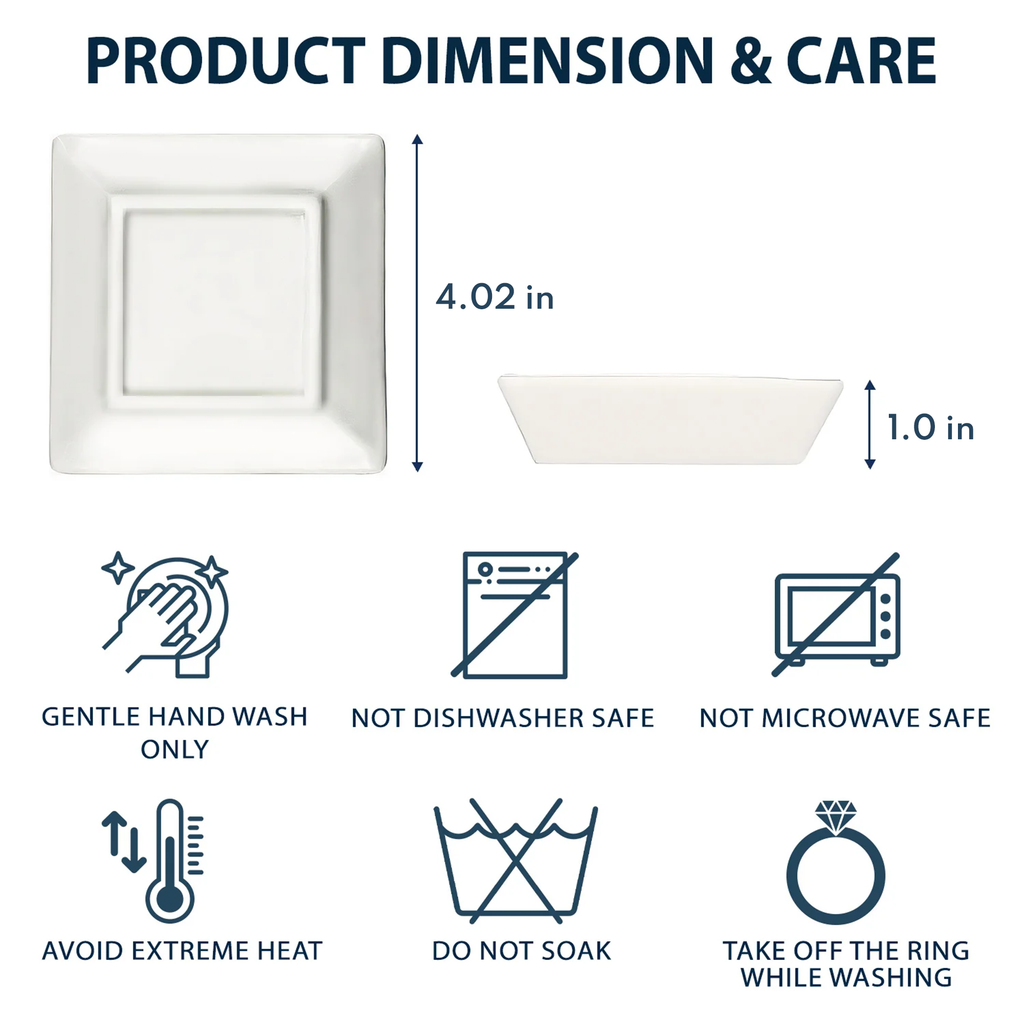 Graduation jewelry dish dimensions and care instructions: ceramic dish, hand wash only.