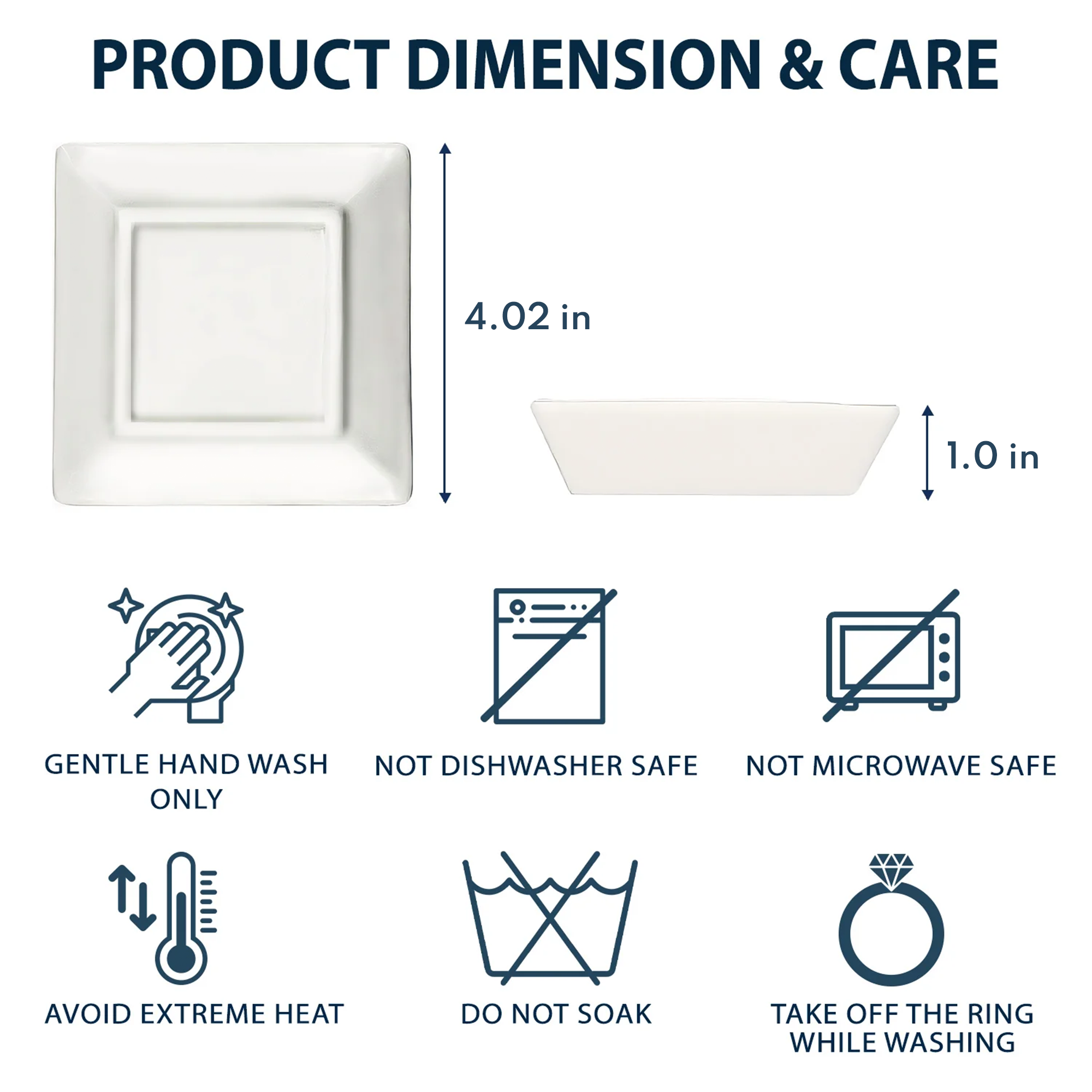 Graduation jewelry dish dimensions and care instructions: ceramic dish, hand wash only.