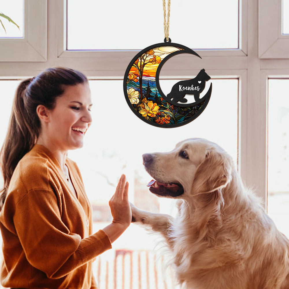 Dog memorial suncatcher with colorful stained glass, personalized pet sympathy gift.
