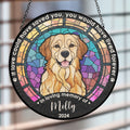 Personalized Golden Retriever suncatcher with custom name and year, stained glass window hanging decoration.
