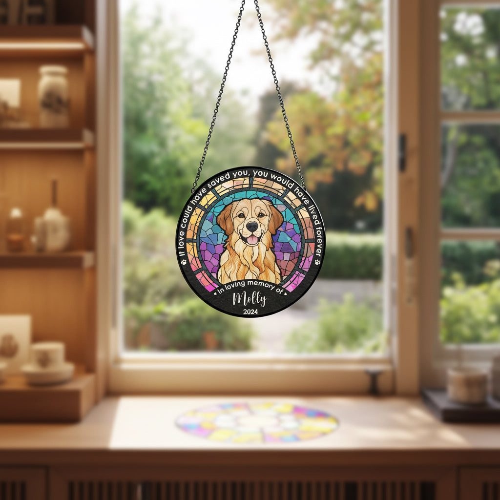 Personalized dog suncatcher with Golden Retriever, custom name & year. 'If love could save you...'